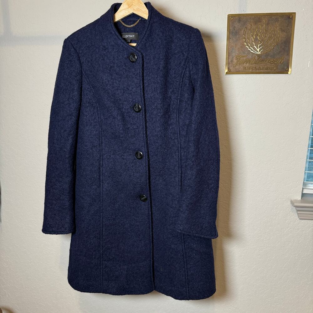 Women's‎ Ellen Tracy Navy Wool Blend Button Front Coat with Pockets Size 4 NEW